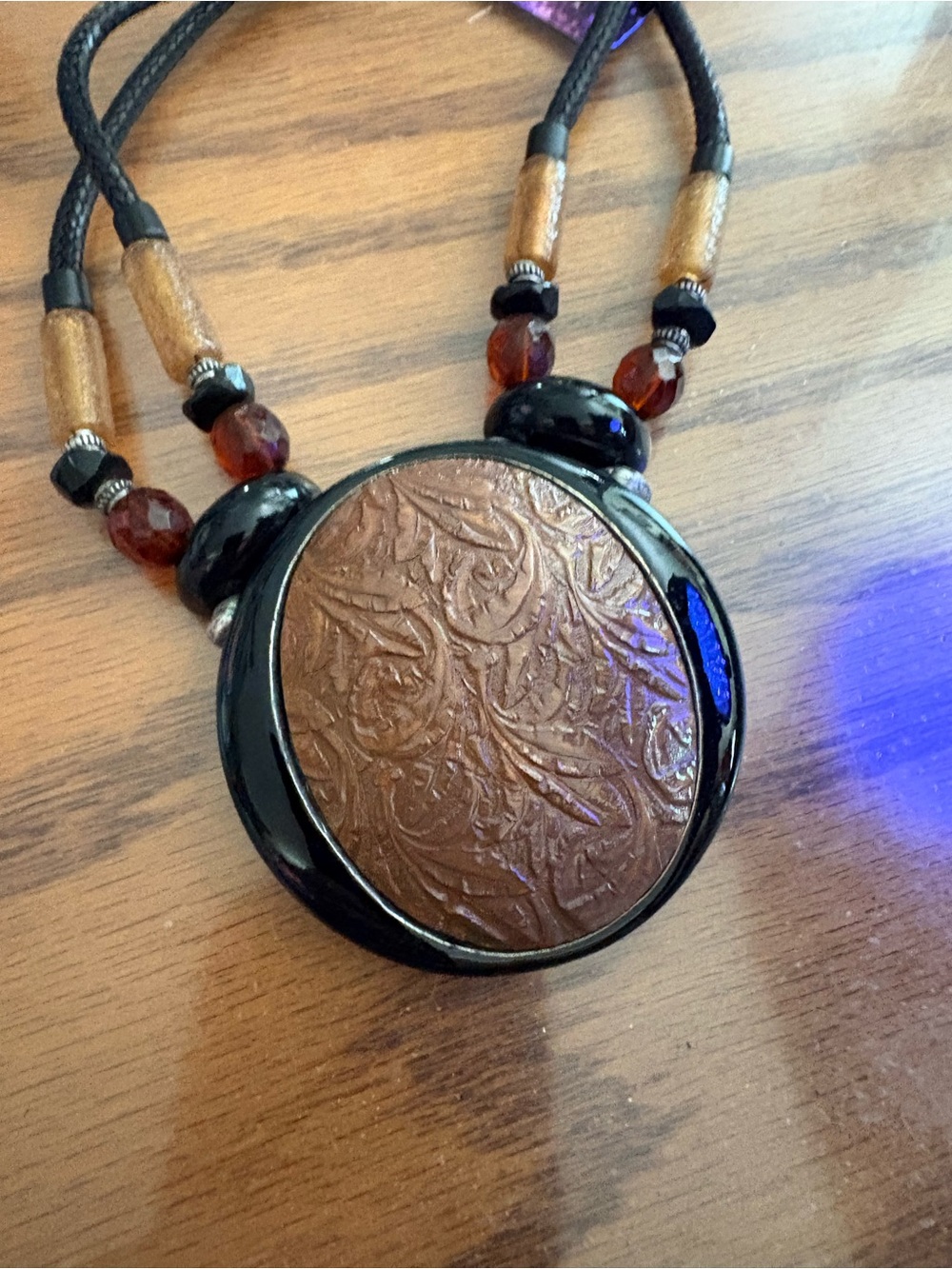 Boho Carved Amber Pendant Necklace - Orange. 10 3/4 inches - Picture 8 of 8